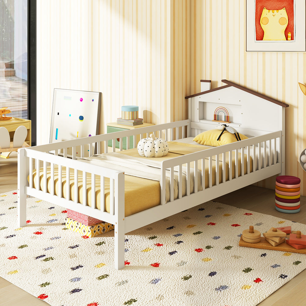 Twin Size Kids Montessori Bed with House-Shaped Headboard and Built-in Storage Shelf-White - Gallery View 1 of 13