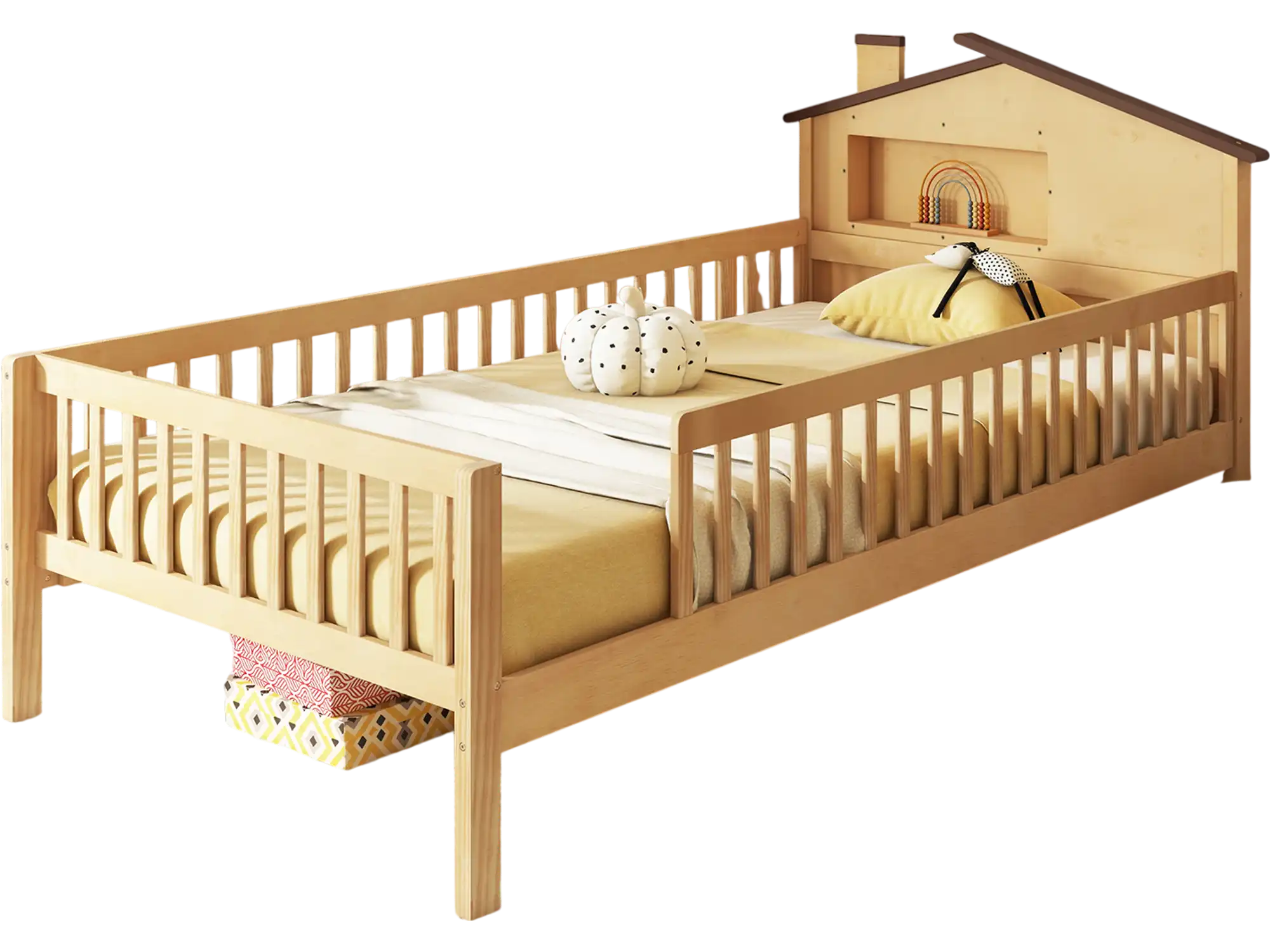 Costway Twin Kids Montessori Bed Frame House Headboard Storage Shelf Natural 725168934 New