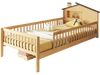 Twin size kids Montessori bed with house-shaped headboard, natural pine wood, and built-in storage shelf for playful.