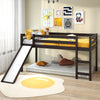 Twin size low sturdy loft bed in dark brown with slide, featuring guardrails and ample space for play or storage.
