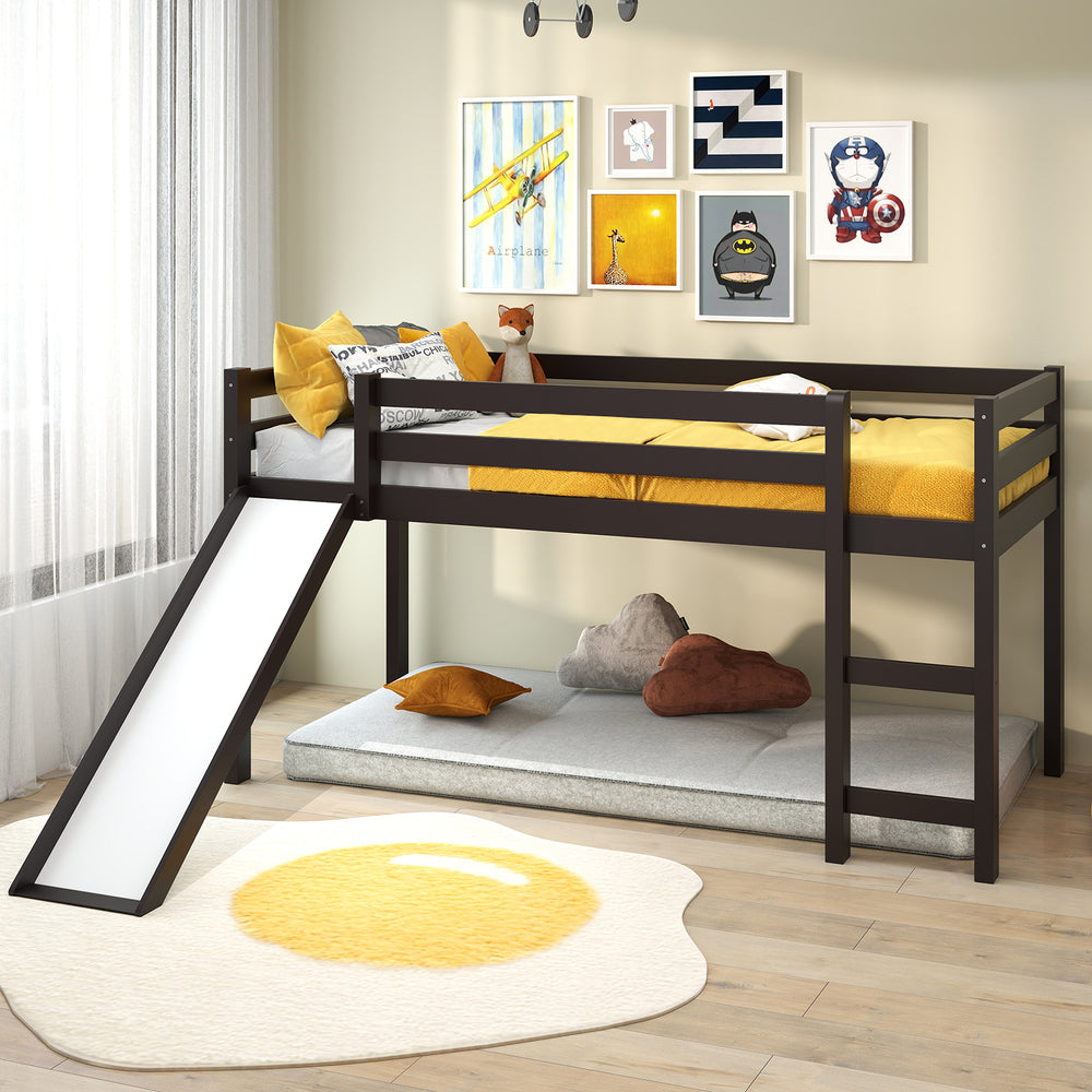 Twin Size Low Sturdy Loft Bed with Slide Wood-Dark Brown - Gallery View 1 of 8