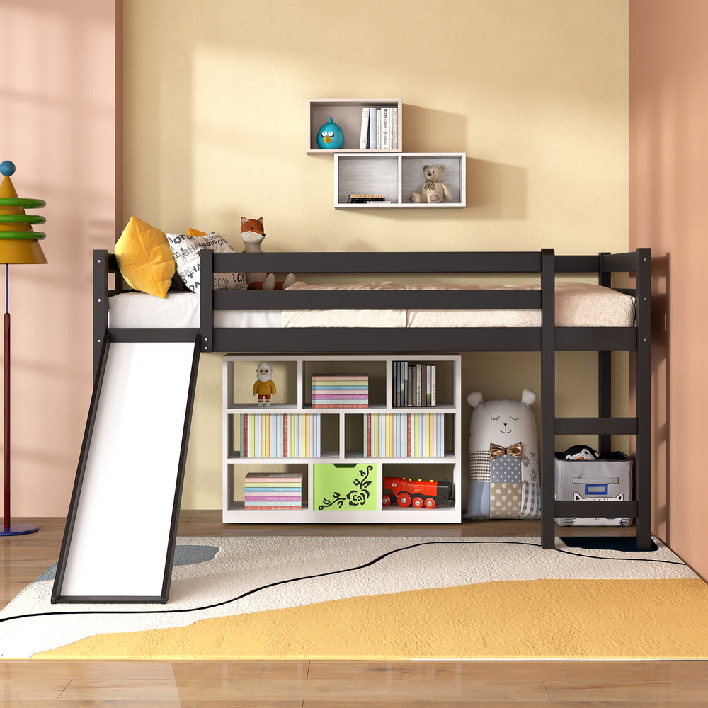 Twin size low loft bed in dark brown with slide, sturdy wood construction, and safety guardrails for children's fun.