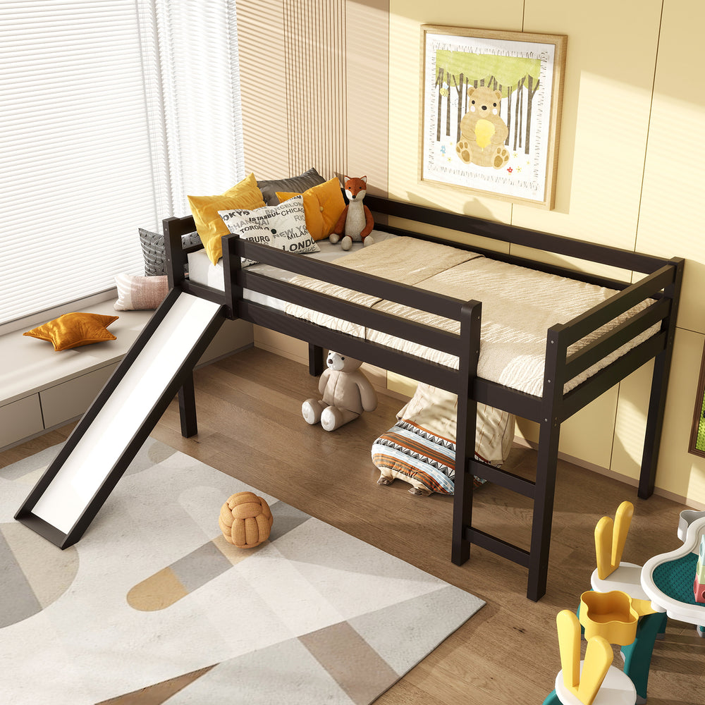 Twin size low loft bed in dark brown with slide and guardrails, perfect for children's safety and playroom space.