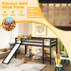 Twin size low sturdy loft bed with slide in dark brown wood, featuring guardrails and wide ladder for children's safety.