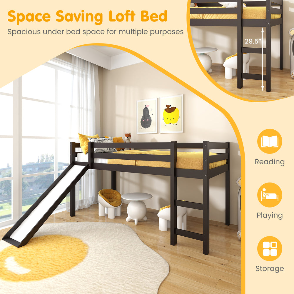 Twin size low sturdy loft bed in dark brown with slide, featuring guardrails and ample under-bed storage for kids' play.