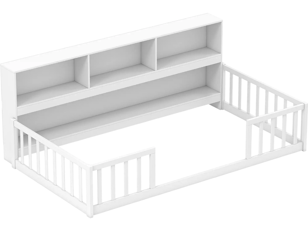 Twin size Montessori floor bed with integrated white bookcase and safety rails, promoting independence for kids.