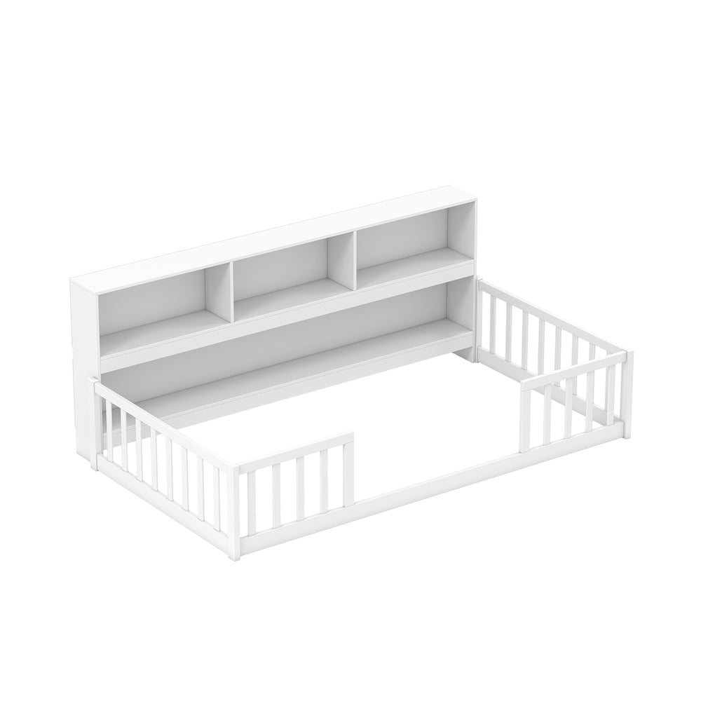 Twin Size Montessori Floor Bed with Bookcase-White - Gallery View 1 of 1