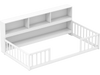 Twin size Montessori floor bed with integrated white bookcase and safety rails, promoting independence for kids.