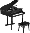 Mini grand piano toy in black with 30 keys and matching bench, ideal for children aged 1 to 7.