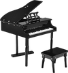 Mini grand piano toy in black with 30 keys, matching bench, and music score holder for children aged 1 to 7.
