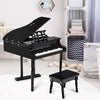 Mini grand piano toy in black with 30 keys, matching bench, and music score holder for children aged 1 to 7.