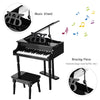 Mini grand piano in black with 30 keys, matching bench, and music stand, ideal for children aged 1 to 7.