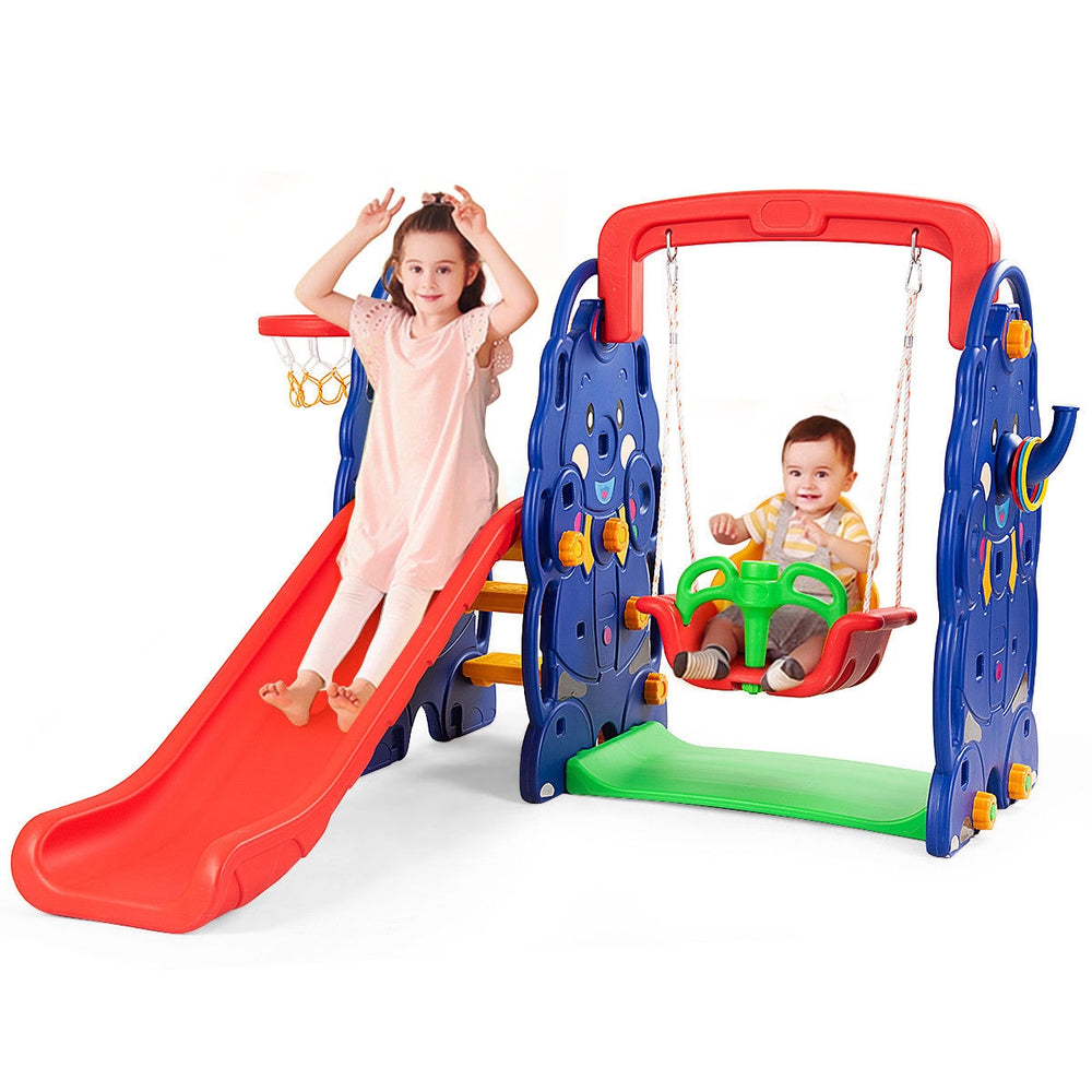 Sturdy swing seat on the colorful 3-in-1 toddler climber, designed for safe outdoor play and fun activities.