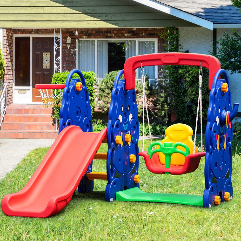 Colorful 3-in-1 toddler climber with slide, swing, and basketball hoop for outdoor play and fun activities.
