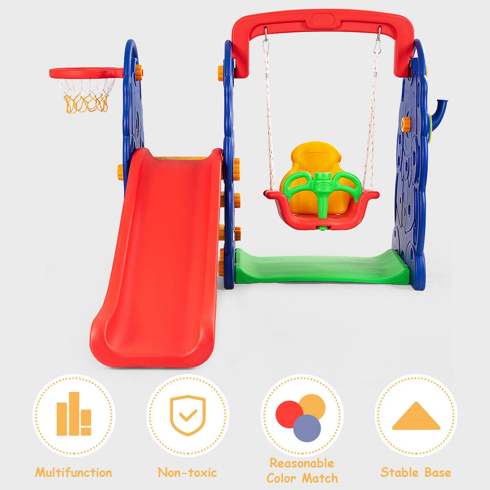 Colorful 3-in-1 junior climber with slide, swing, and basketball hoop, designed for toddlers' outdoor fun.