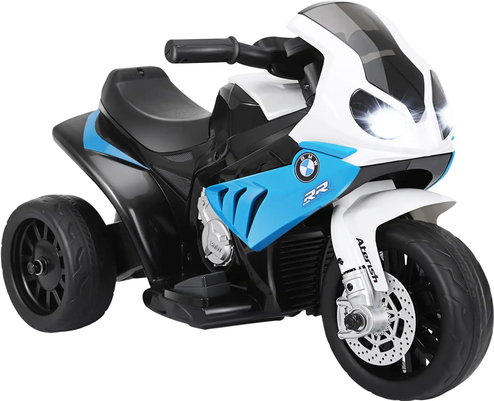 BMW licensed 6V kids electric motorcycle in blue, featuring three wheels, working headlights, and foot pedal control.