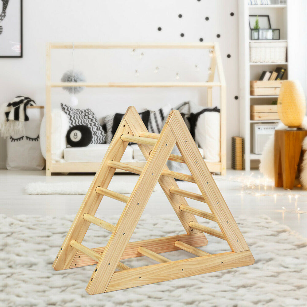 Wooden triangle climber for toddlers, made of pine, safe design, ideal for step training and developing motor skills.