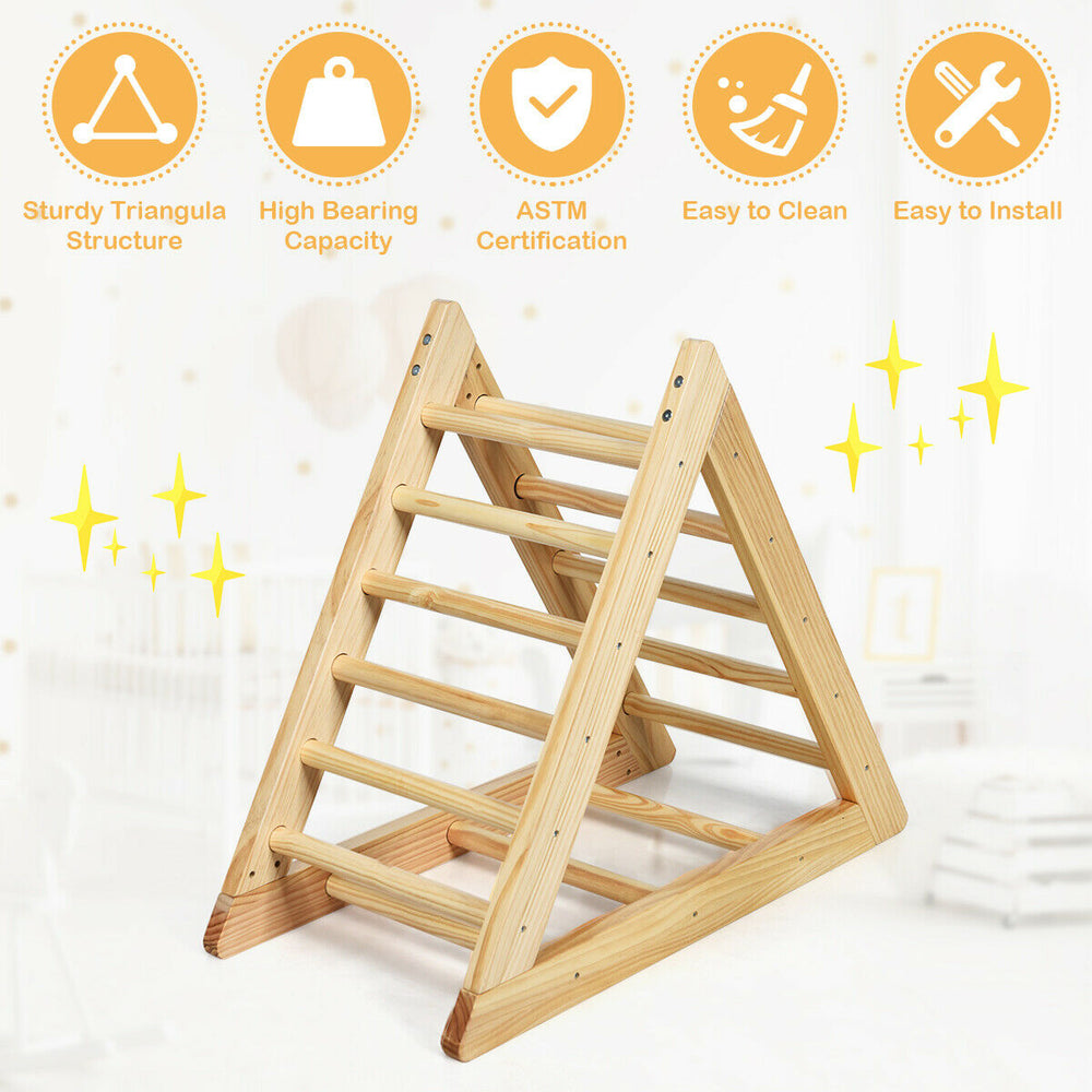 Wooden triangle climber for toddlers, made of pine, ASTM certified, promotes muscle development and motor skills.
