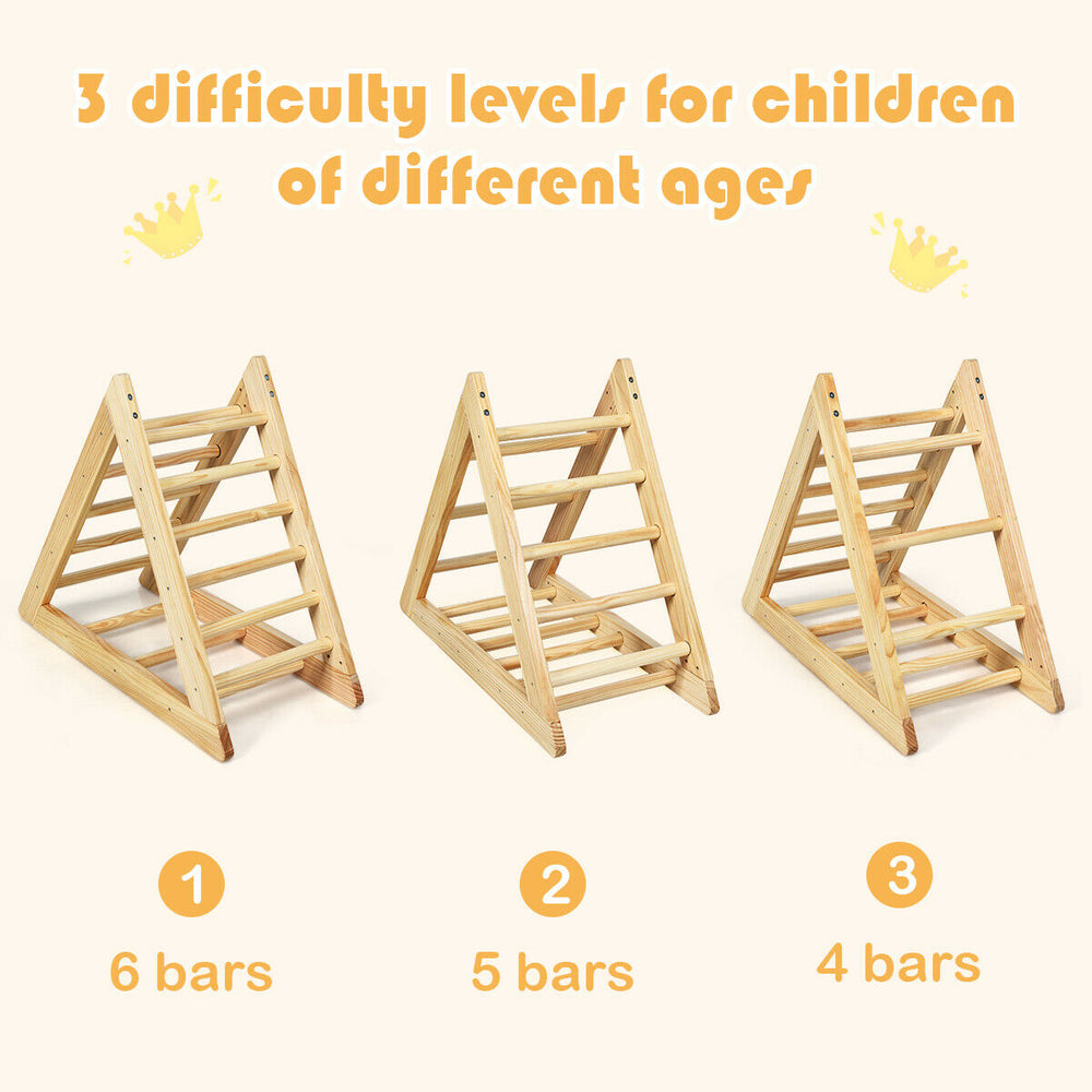 Wooden triangle climber with 3 difficulty levels, made of pine, safe for toddlers to develop motor skills.