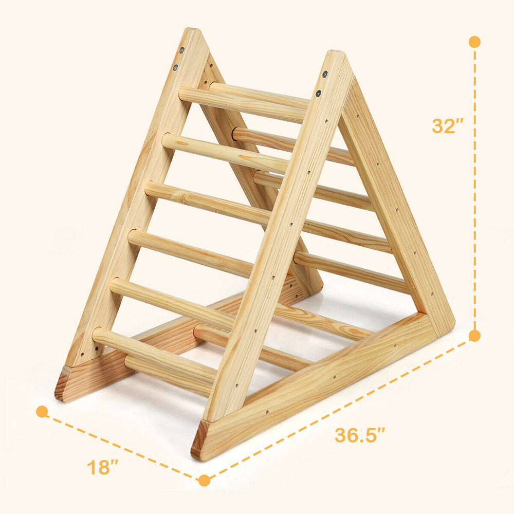 Wooden triangle climber for toddlers, made of pine, 32" tall, 36.5" wide, promotes muscle development and motor skills.