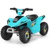 Kids electric ATV ride-on toy in blue with four wear-resistant wheels for indoor and outdoor fun.