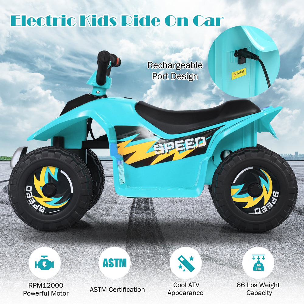 Electric kids' ATV in blue with four wear-resistant wheels, rechargeable design, perfect for indoor and outdoor fun.