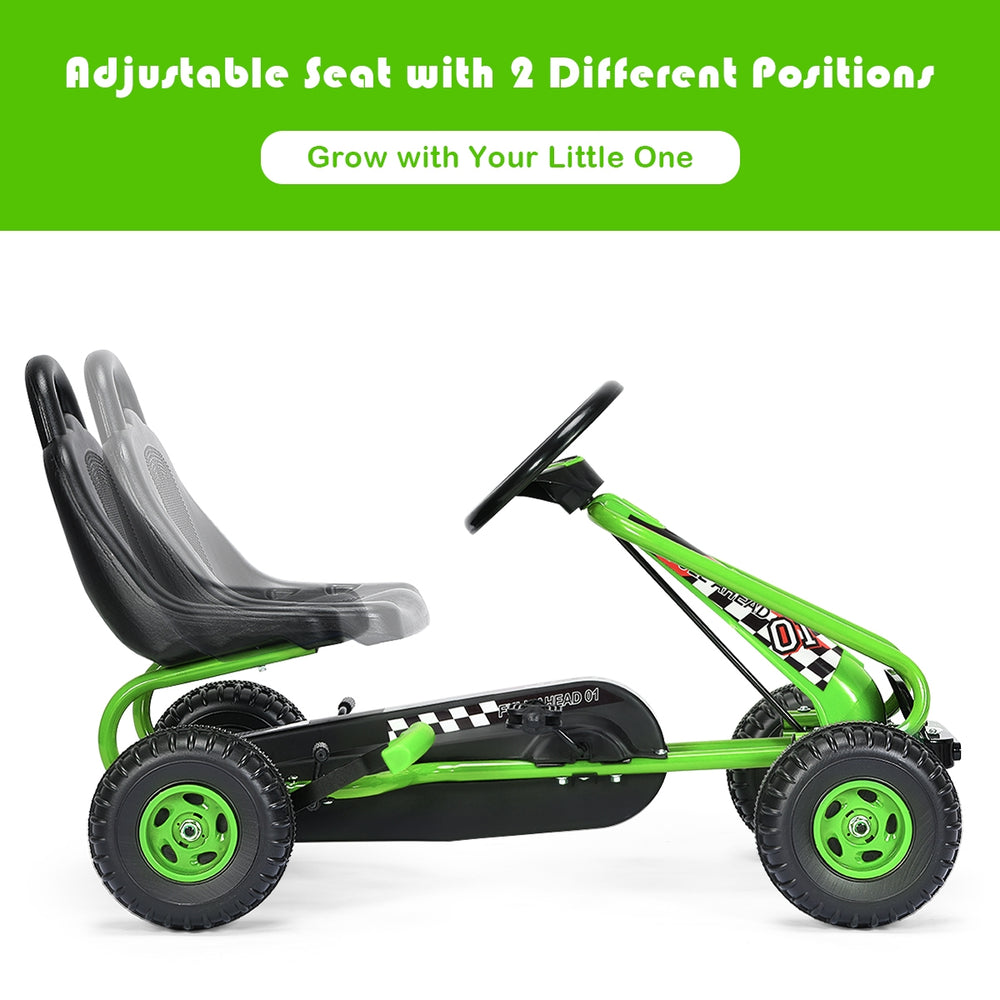 4-wheel pedal-powered ride-on in green with adjustable seat for kids, featuring non-slip wheels and a steering wheel.