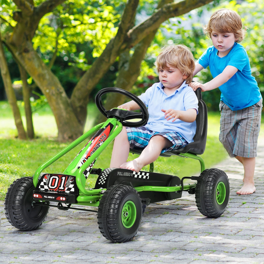Green 4 wheel pedal powered ride-on with adjustable seat for kids, featuring non-slip wheels and a steering wheel.
