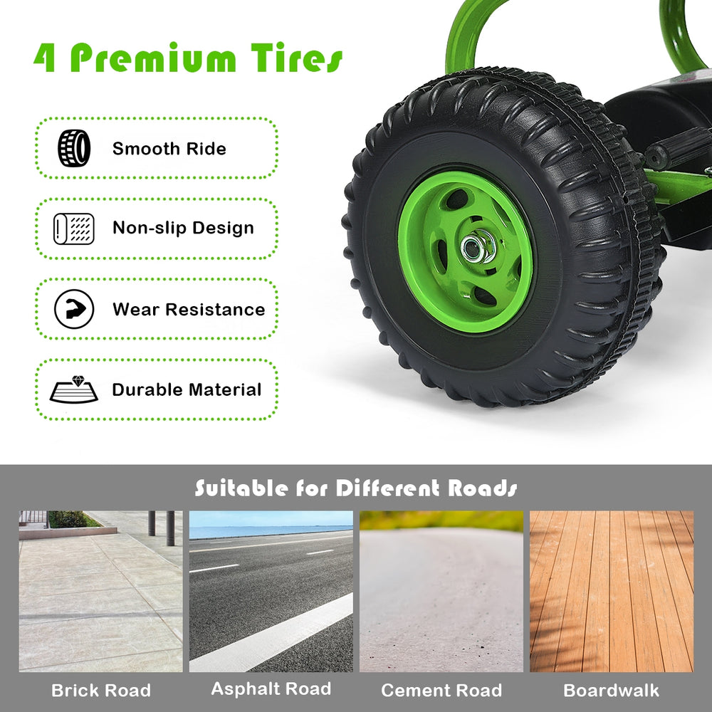 Close-up of the durable non-slip tire of the green 4 Wheel Pedal Powered Ride On, ideal for various road surfaces.