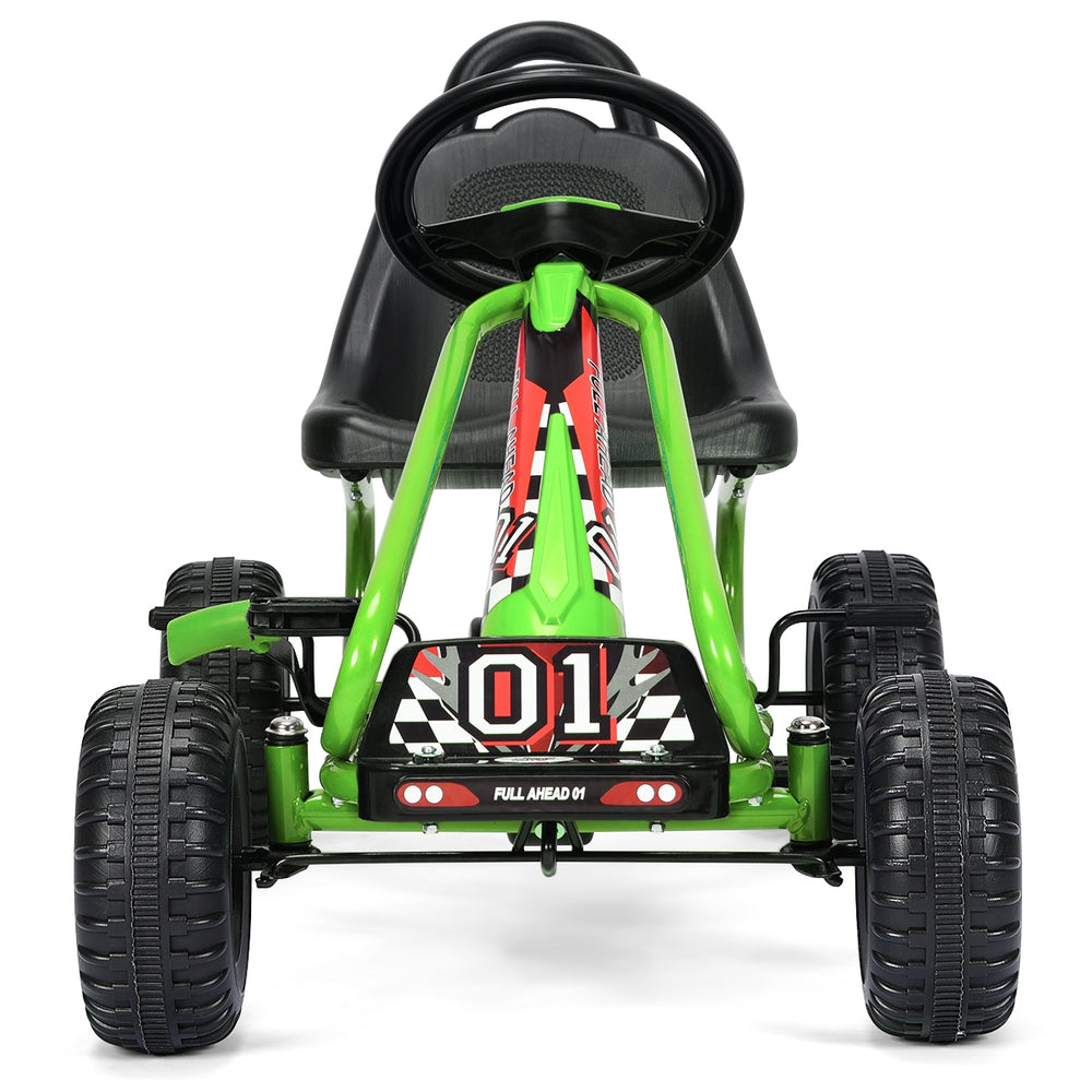 Green 4 wheel pedal powered ride-on with adjustable seat, designed for kids aged 3-6, featuring non-slip wheels.