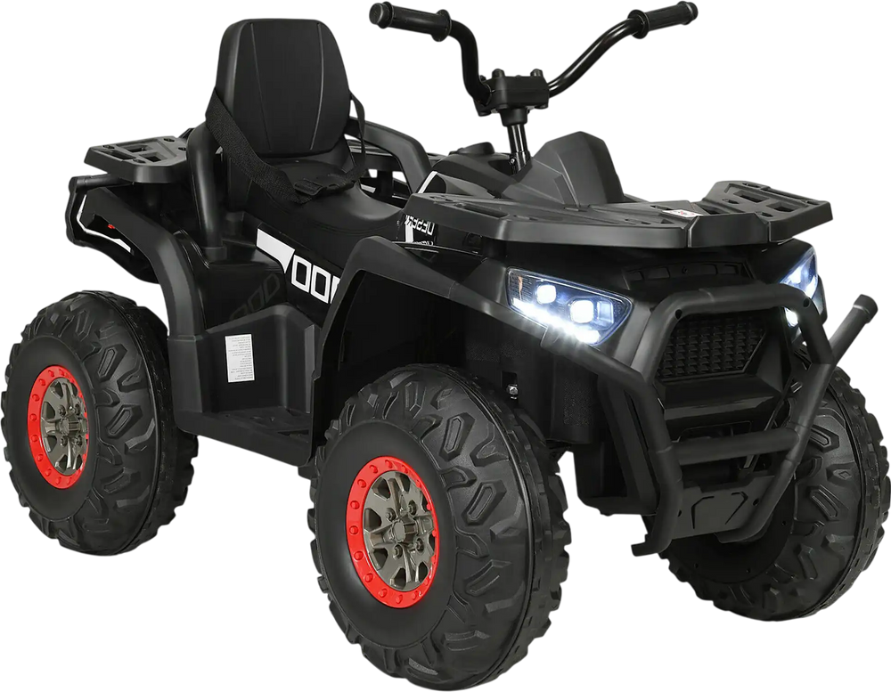 Kids electric 4-wheeler ATV in black with LED lights, MP3, and safety features for fun outdoor driving adventures.