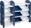 Kids toy storage organizer in blue with 6 bins and multi-layer shelf for easy access and organization in playrooms.