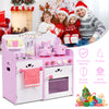 Kids wooden kitchen toy playset in pink with strawberry patterns, featuring working knobs and large storage space for.