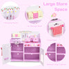 Kids wooden kitchen toy playset with strawberry pattern, featuring large storage space and realistic cooking details.