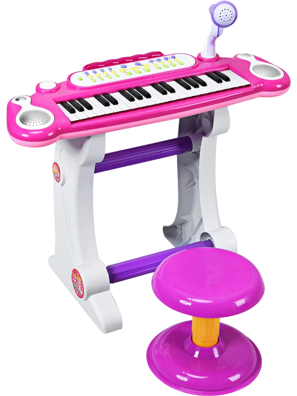 37-key electronic keyboard toy piano in pink with detachable microphone and stool, perfect for kids' musical play.