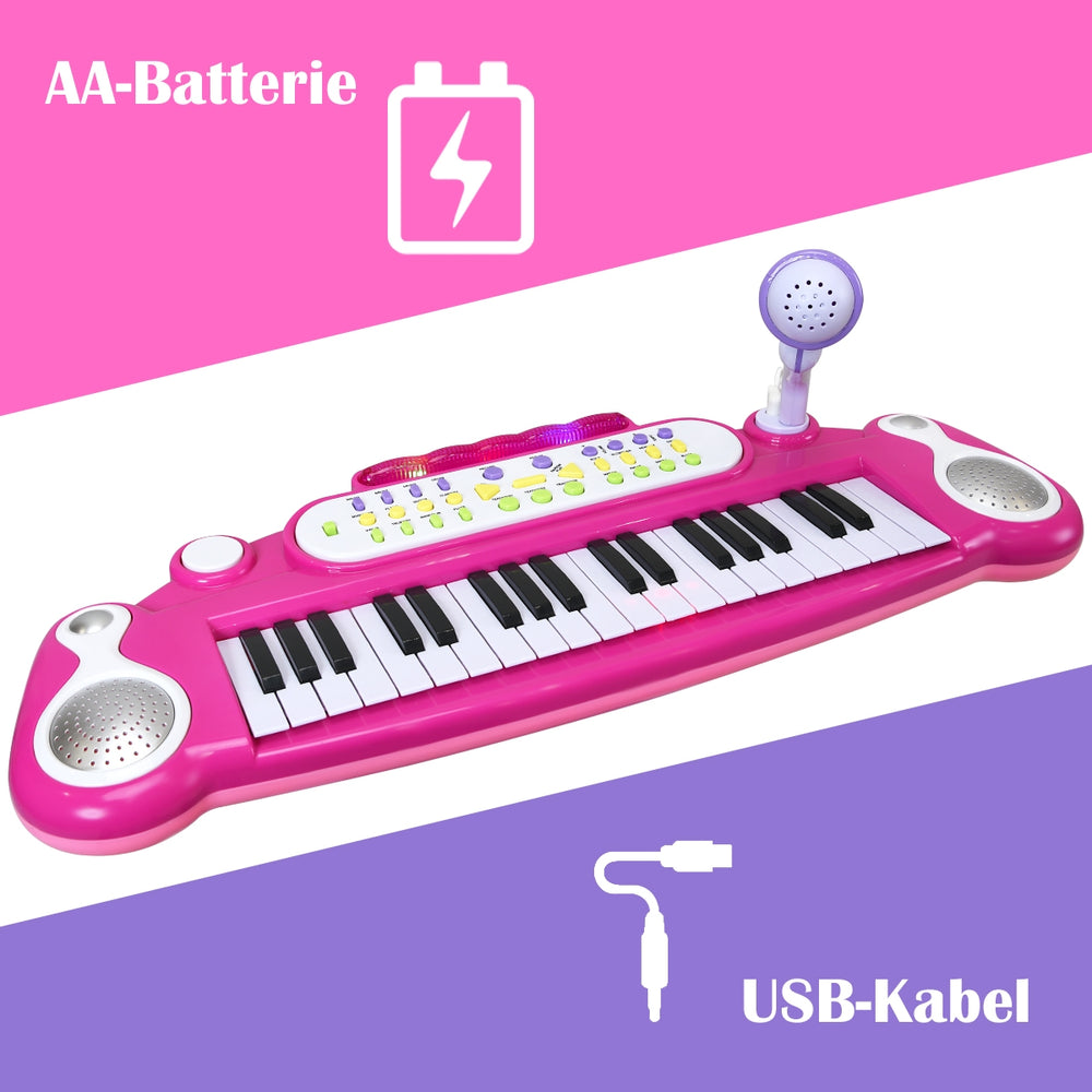 37-key pink electronic keyboard for kids with detachable microphone, sturdy design, and multiple sound options for fun.