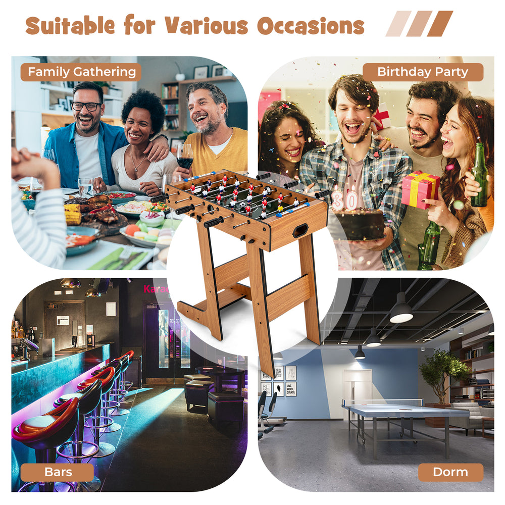 Foldable table football with durable handle and scoreboard, ideal for parties and family gatherings.