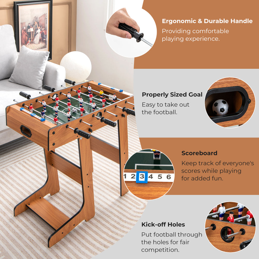 Space-saving table football with ergonomic handle, scoreboard, and properly sized goal for easy gameplay and storage.