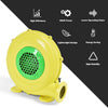Yellow 480 W air blower pump fan with green grille, designed for inflatable bounce houses and outdoor use.