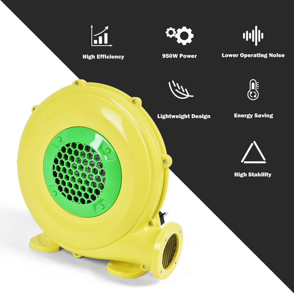 Yellow 480 W air blower pump fan with green grille, designed for inflatable bounce houses and outdoor use.