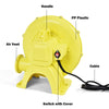 Yellow 480 W air blower pump fan with handle, switch, and air vent, ideal for inflatable bounce houses and outdoor use.