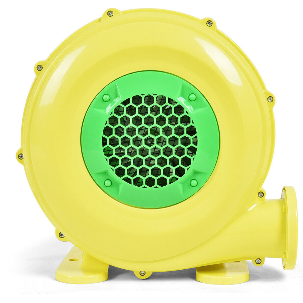 Yellow 480 W air blower pump fan with green mesh, designed for inflatable bounce houses and outdoor use.