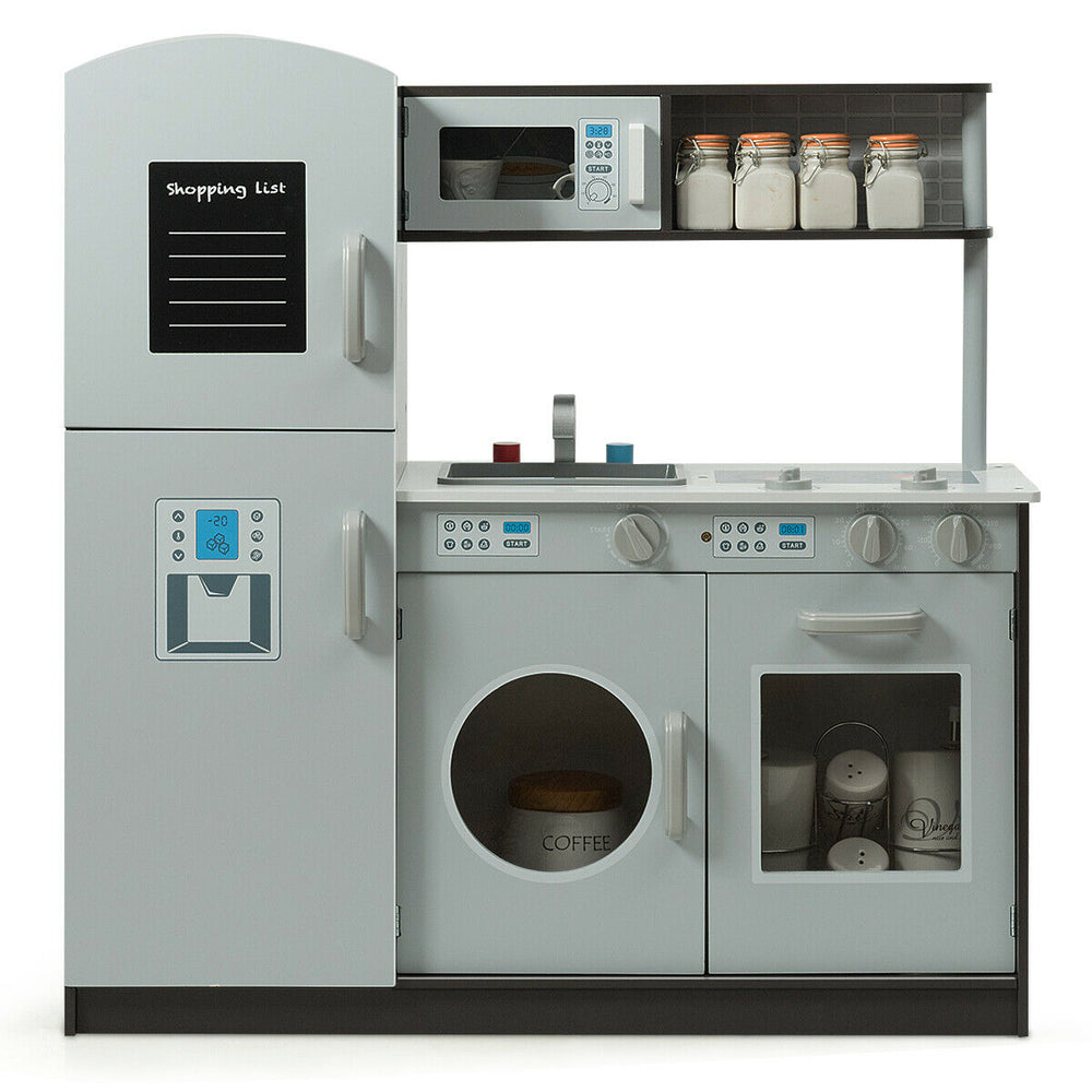 Kids pretend play kitchen set featuring a refrigerator, stove, and washing machine, made of durable MDF for safe play.