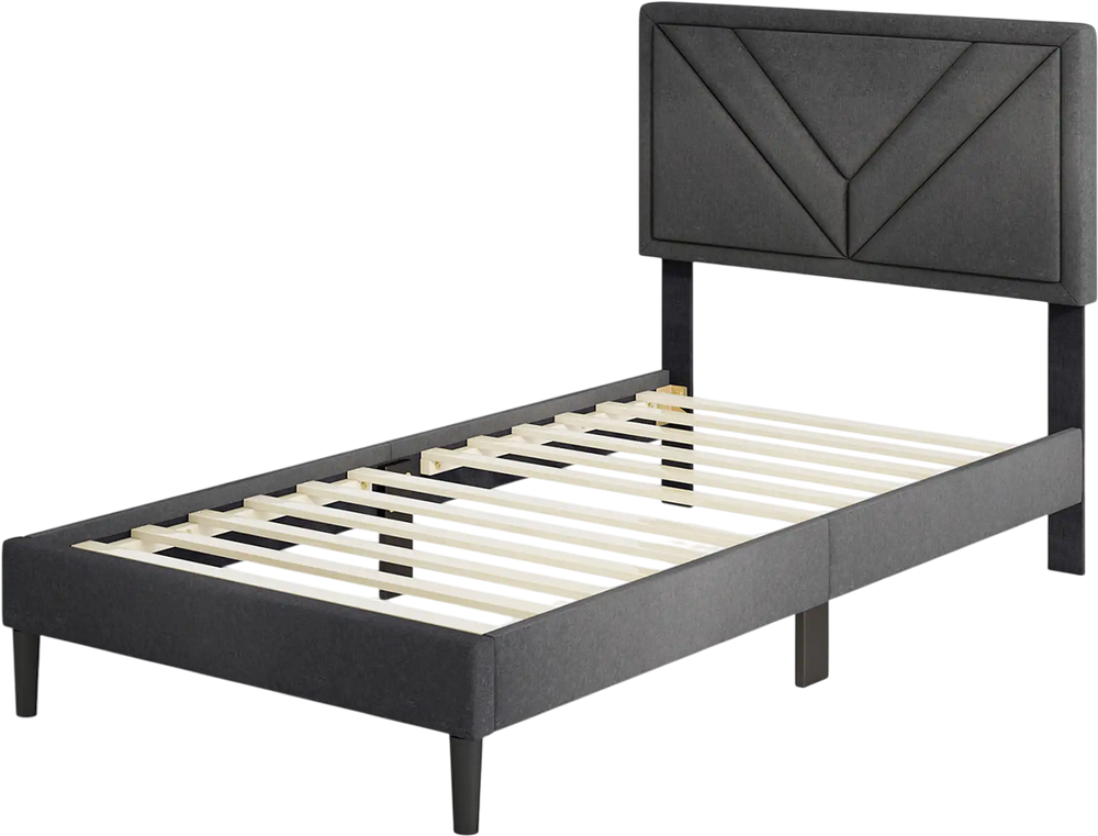 Upholstered twin platform bed with tufted headboard and wooden slats, featuring a sleek design and no box spring needed.
