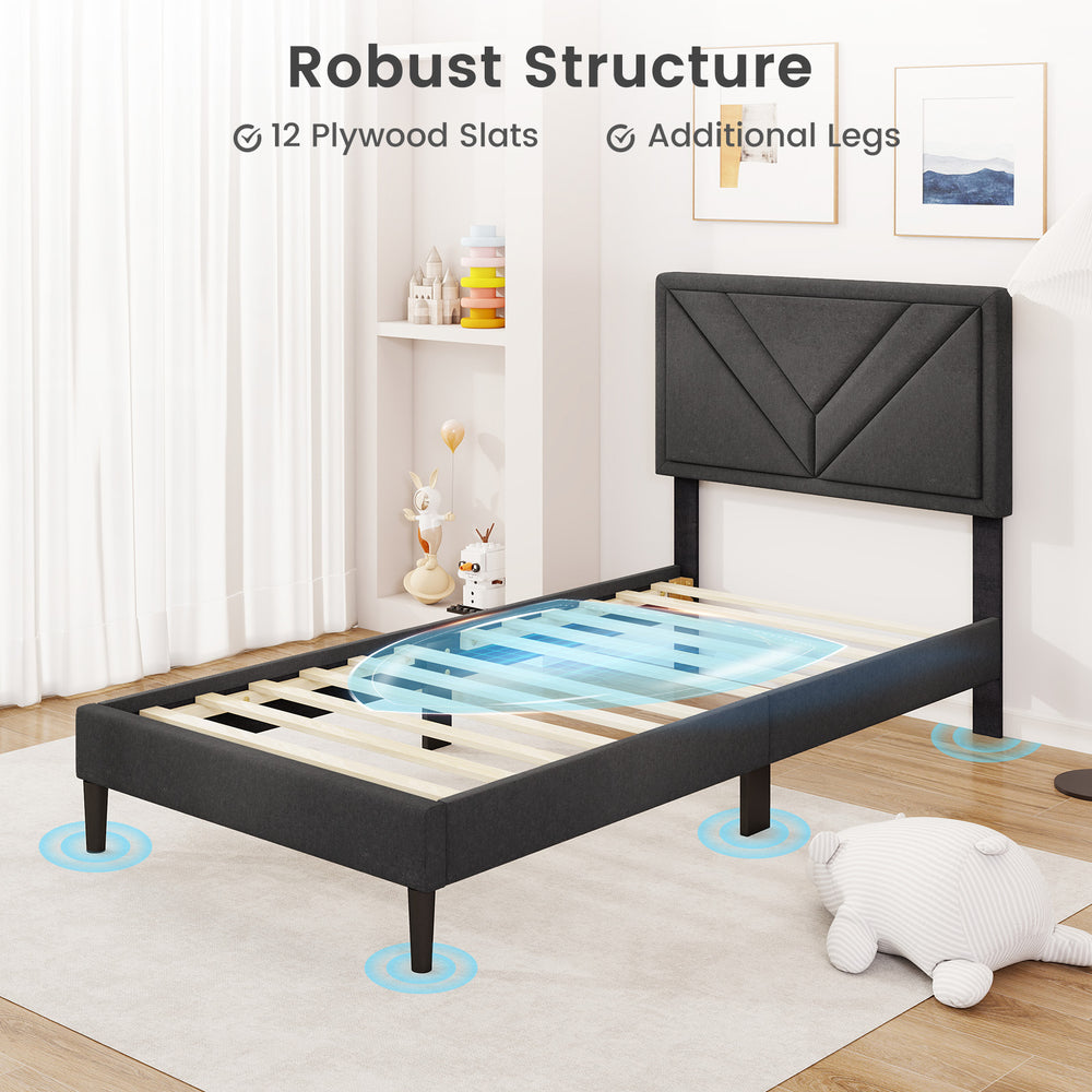 Upholstered twin platform bed with tufted headboard, featuring 12 plywood slats and additional legs for robust support.