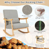 Upholstered rocking chair in gray with rubber wood frame, ergonomic design, and lumbar pillow for added comfort.