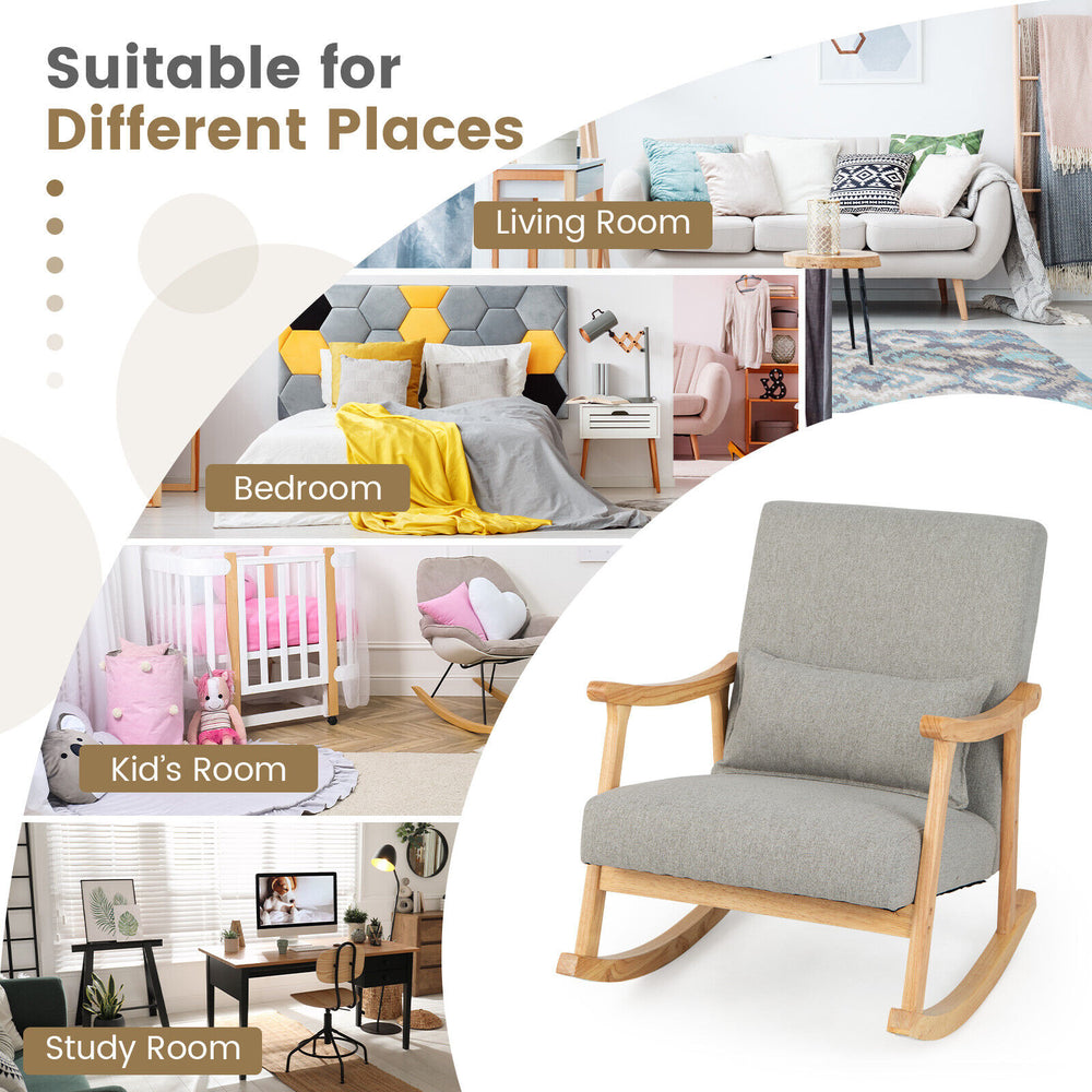 Upholstered rocking chair in gray with rubber wood frame, ideal for living room, bedroom, or study room relaxation.