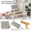 Upholstered rocking chair with gray faux linen fabric, padded backrest, and rubber wood frame for living room comfort.