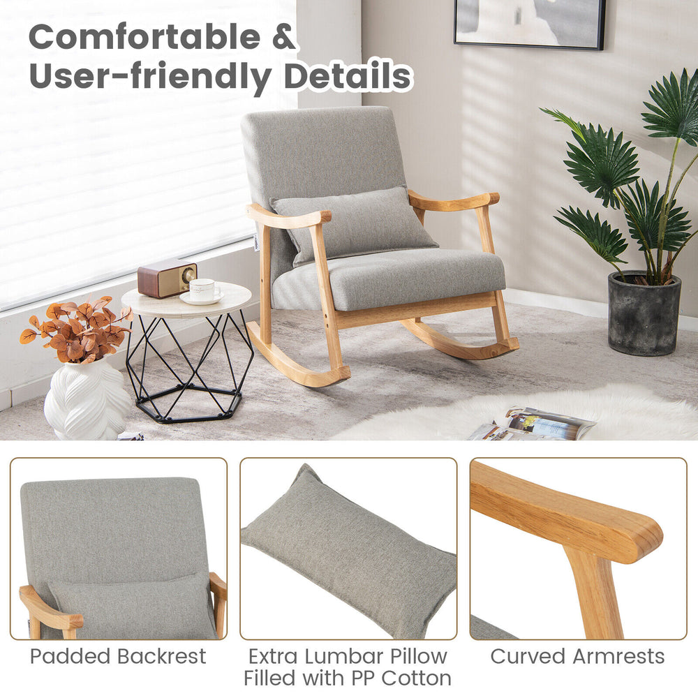Upholstered rocking chair with gray faux linen fabric, padded backrest, and rubber wood frame for living room comfort.