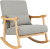 Gray upholstered rocking chair with rubber wood frame and lumbar pillow, perfect for living room or bedroom relaxation.